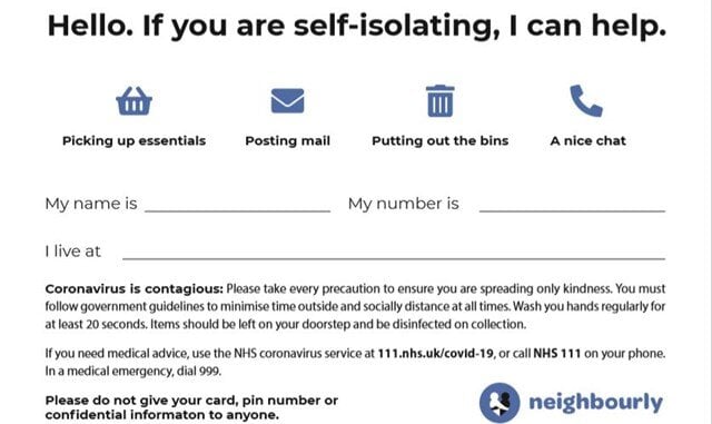 self isolating coronavirus help card neighbourly